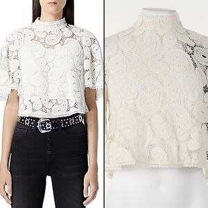 The Kooples - Ecru Lace Top with High Neck and Frills